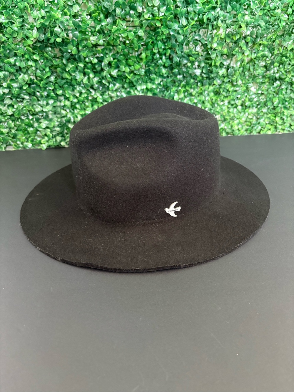Conner Black Wide-Brim Fedora Hat with Silver Bird Accent handmade 100% Wool